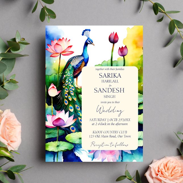 Invitación Boda de flores de loto de pavo real (Peacock lotus flowers wedding editable template invitation instant digital download watercolor pond)