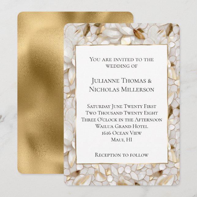 Invitación Boda de Flores de Lotus Blanco Glam de oro de moda (Anverso / Reverso)