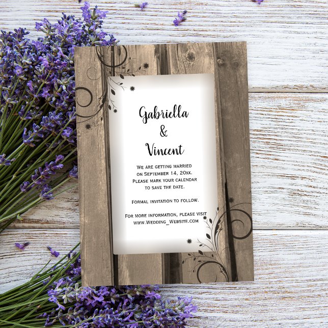 Invitación Boda de flores de madera de granero de campo salva (Set a rustic tone for your barn party wedding with this charming save the date announcement.)