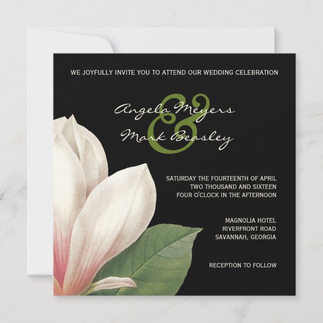 Invitación Boda de Flores de Magnolia del Sur | Negro elegant (Anverso)