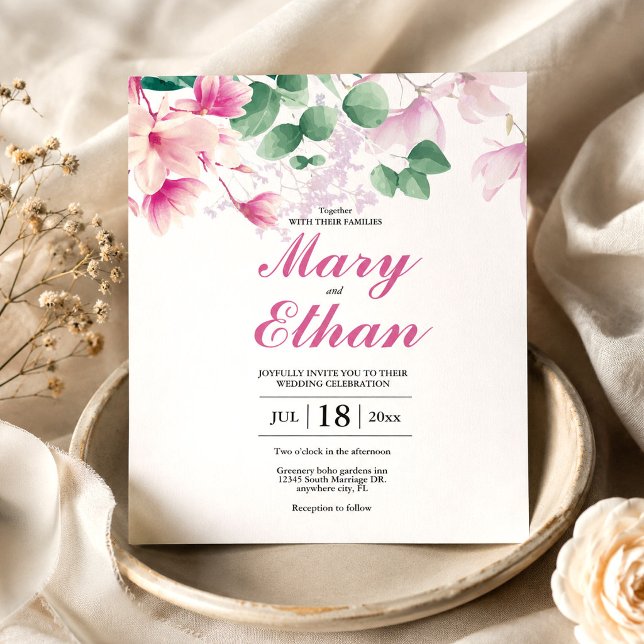 Invitación Boda de flores de magnolia rosa acuarela (Pink Magnolia Watercolor Flowers Wedding Invitation, Floral Invitation, Save the Date Card)
