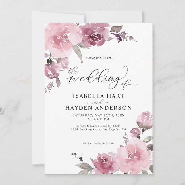 Invitación Boda de flores de malva floral rosa rosada pastel (Anverso)