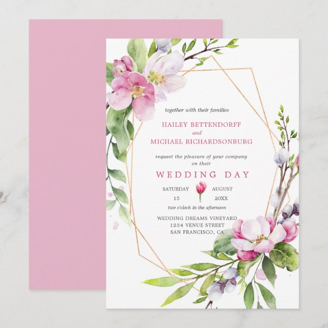 Invitación Boda de flores de manzana rosa y blanca (Anverso / Reverso)