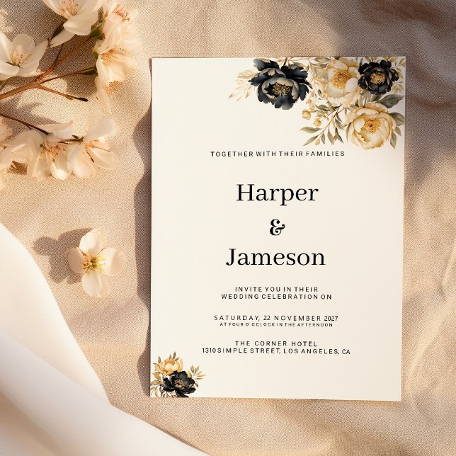 Invitación Boda de flores de marfil blanco azul marino (Navy blue white ivory gold peony floral Wedding )