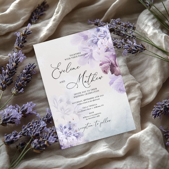 Invitación Boda de flores de marfil marrón violeta y turquesa (Dusty purple blue brown ivory floral wedding invitation)