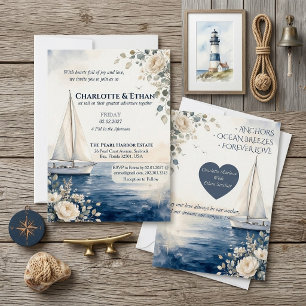 Invitación Boda de flores de marfil y barco de vela náutico a