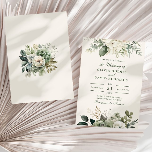 Invitación Boda de flores de marfil y verde sabio moderno (Modern Sage Green and Ivory Flowers Wedding Invitation on a sunny white dry palm leaf.)