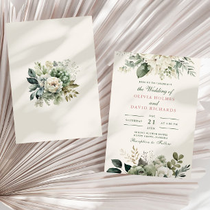 Invitación Boda de flores de marfil y verde sabio moderno