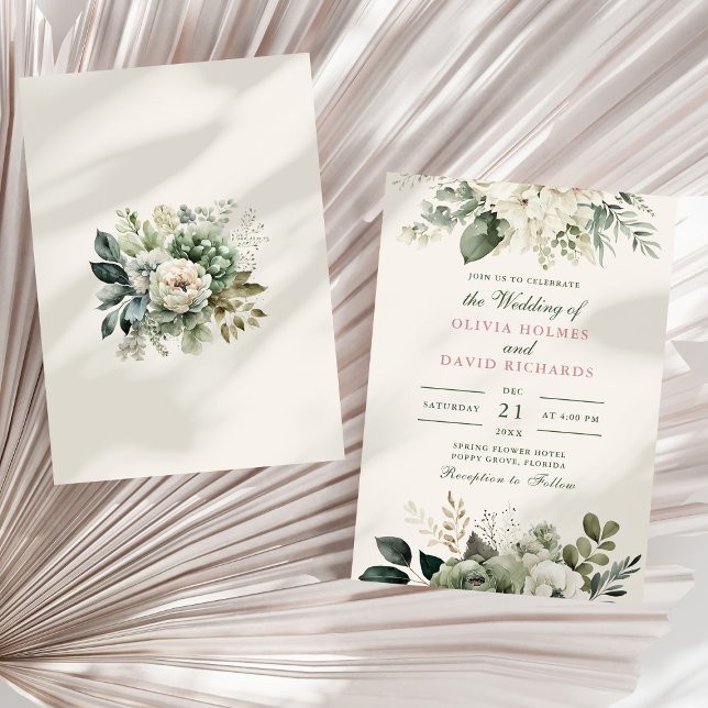 Invitación Boda de flores de marfil y verde sabio moderno (Modern Sage Green and Ivory Flowers Wedding Invitation on a sunny neutral dry palm leaf.)
