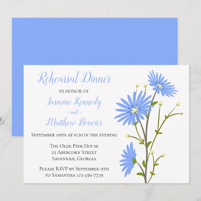 Invitación Boda de flores de margarita con ensayo azul floral (Anverso / Reverso)