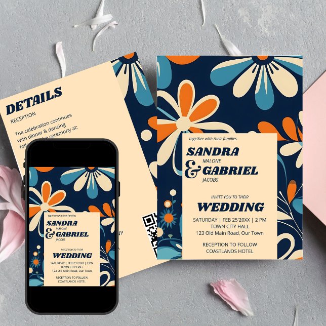 Invitación Boda de flores de margarita retro 70 verde azulada (Retro 70ies teal blue daisy flowers wedding all in one editable template invitation digital download)