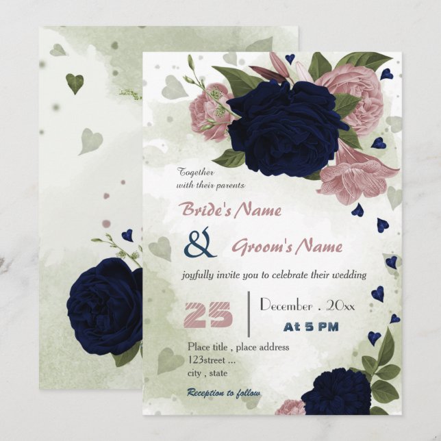 Invitación boda de flores de marina rosa (Anverso / Reverso)