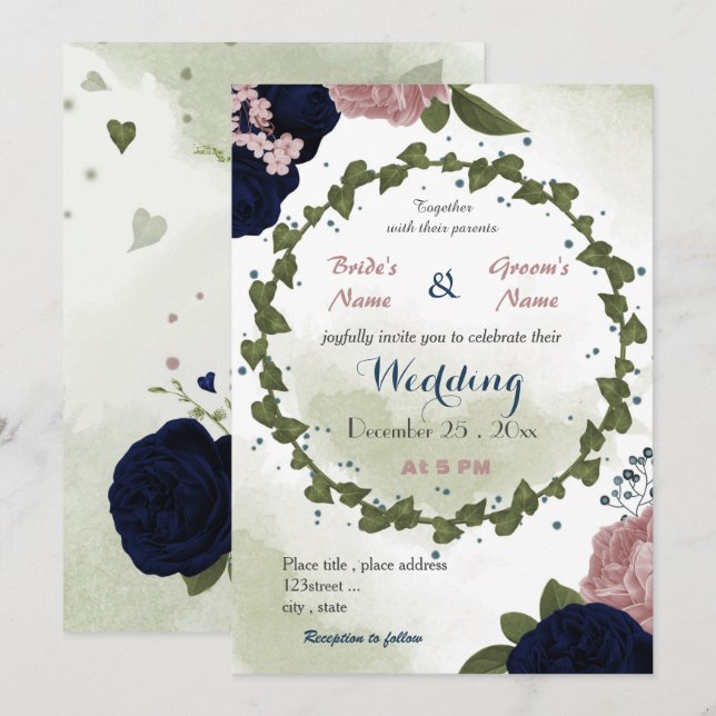 Invitación boda de flores de marina rosa verde (Anverso / Reverso)