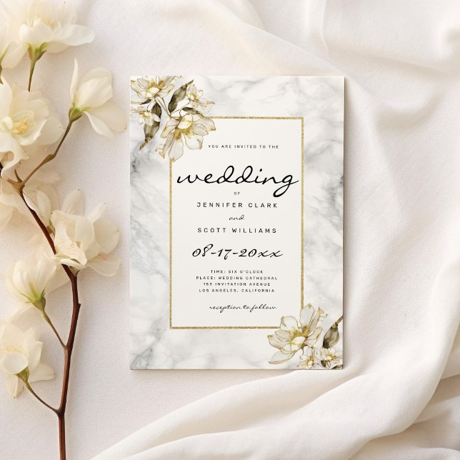 Invitación Boda de flores de mármol de purpurina blanco negro (Black white gold glitter marble flowers Wedding)