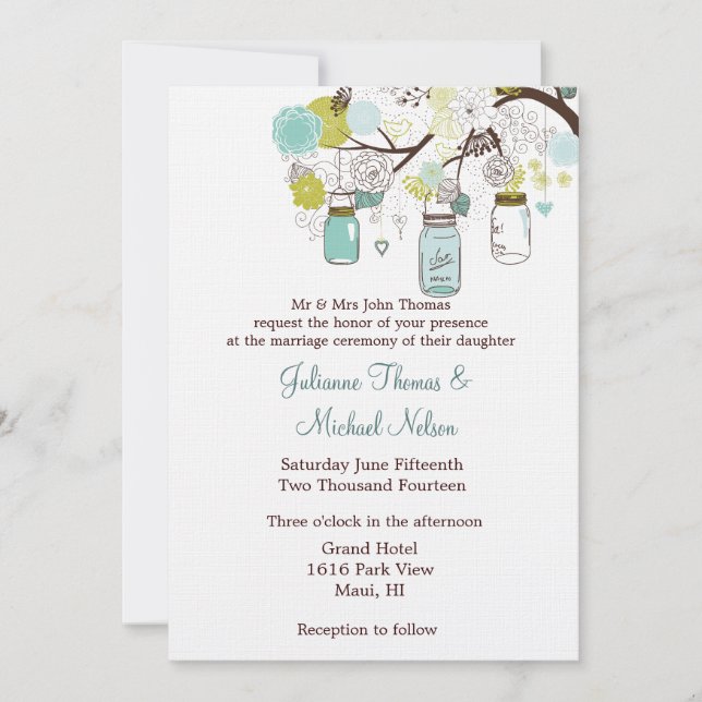 Invitación Boda de flores de mason verde azul (Anverso)
