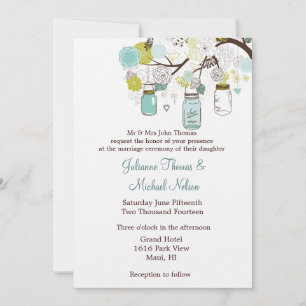 Invitación Boda de flores de mason verde azul