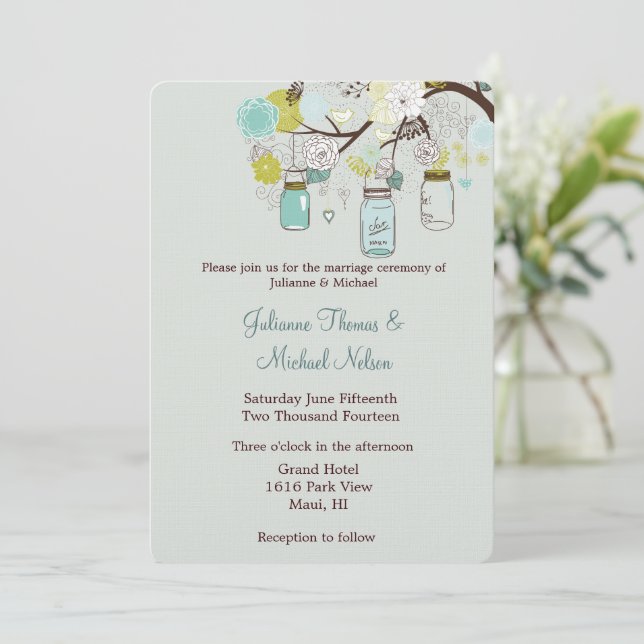 Invitación Boda de flores de mason verde verde verde ruso (Anverso de pie)