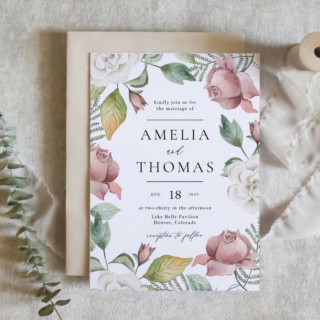 Invitación Boda de flores de mauve rosa y rosa blanco (Mauve Pink and White Roses Floral Wreath Wedding Invitation)