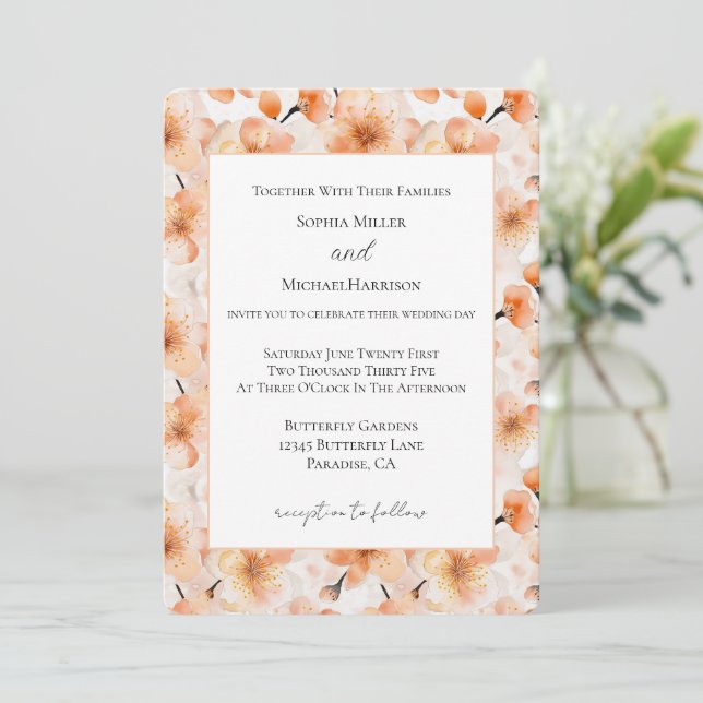 Invitación Boda de flores de melocotón rubor bonito (Anverso de pie)