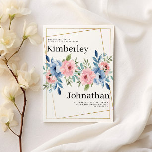 Invitación Boda de flores de menta azul marino geométrico de 