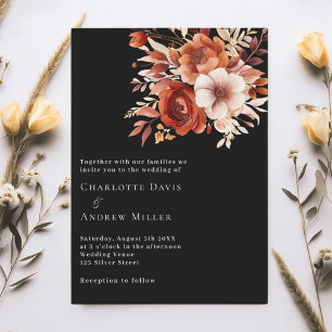 Invitación Boda de flores de naranja quemada en beige negro