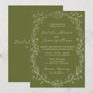 Invitación Boda de flores de olivo verde elegante y antiguo d