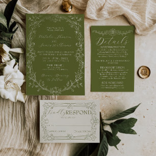 Invitación Boda de flores de olivo verde elegante y antiguo d