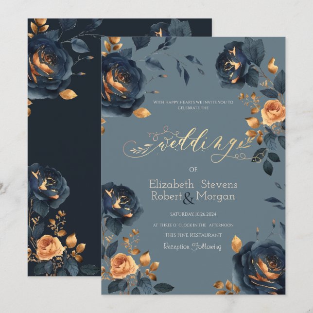 Invitación Boda de Flores de Oro Azul de la Marina (Anverso / Reverso)