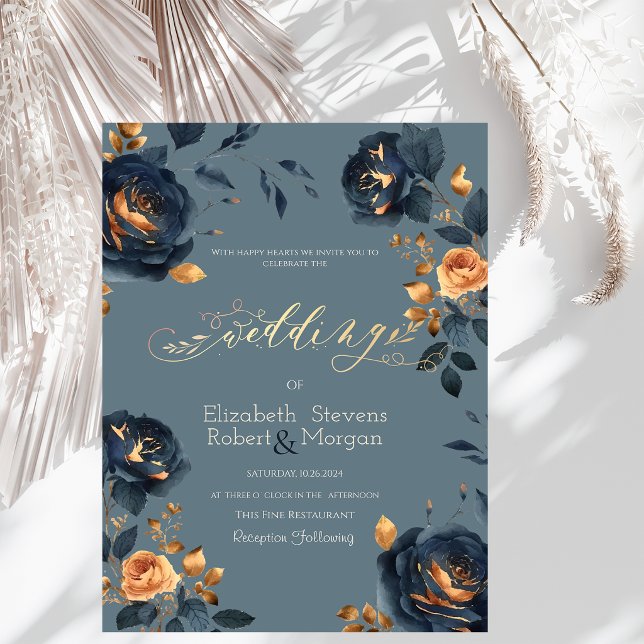 Invitación Boda de flores de oro azul marino (Subido por el creador)
