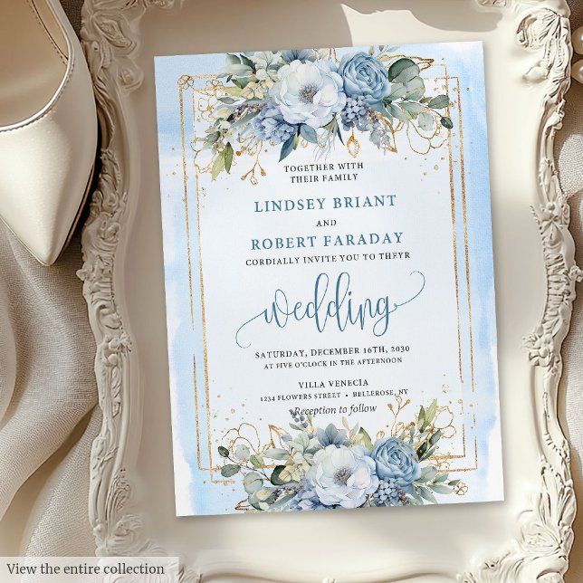 Invitación Boda de Flores de Oro Blanco Azul Pastel Moderno (Modern Pastel Blue White Gold Flowers Wedding Invitation )
