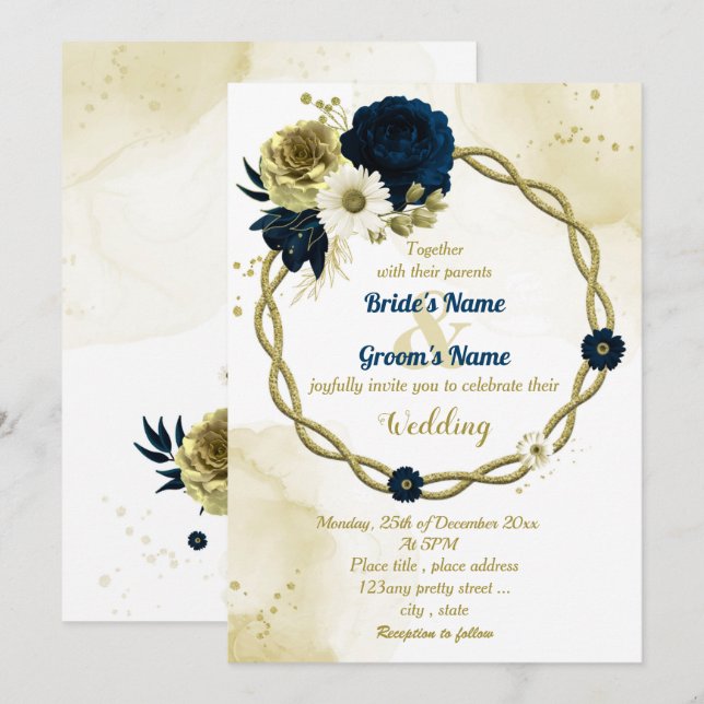 Invitación Boda de flores de oro de marfil azul marino (Anverso / Reverso)