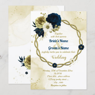 Invitación Boda de flores de oro de marfil azul marino