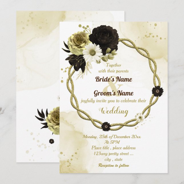 Invitación Boda de flores de oro de marfil marrón asombroso (Anverso / Reverso)