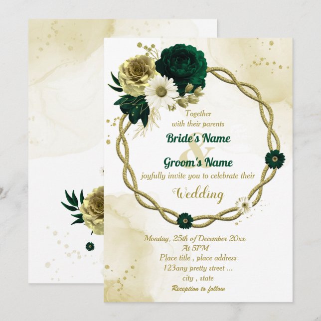 Invitación Boda de flores de oro de marfil verde esmeralda (Anverso / Reverso)