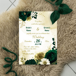 Invitación Boda de flores de oro de marfil verde esmeralda as