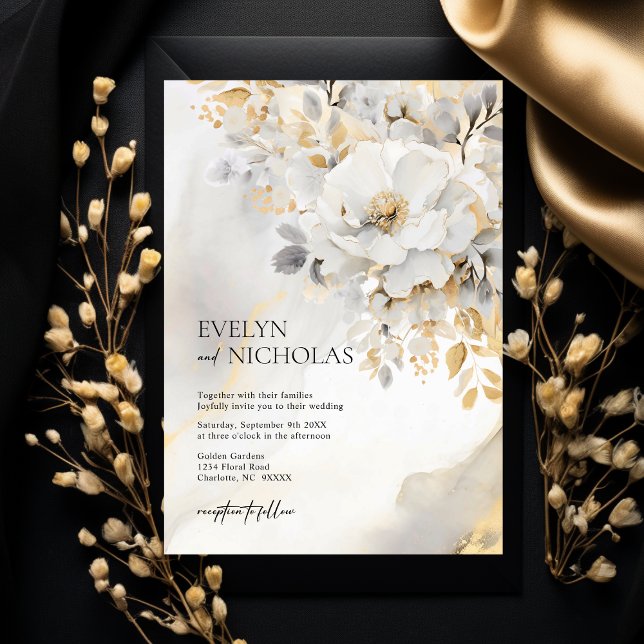 Invitación Boda de Flores de Oro Gris Gris de Mármol Stone (Beautiful Gold Grey Gold Floral Wedding Invitation)