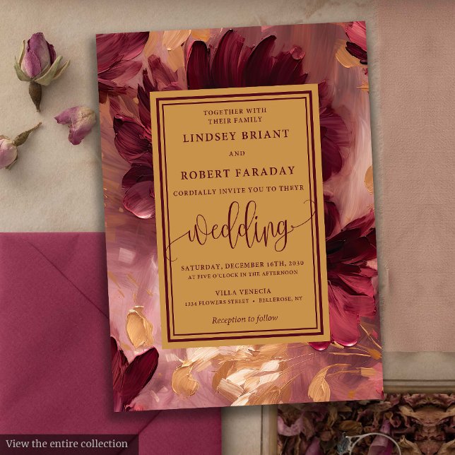 Invitación Boda de Flores de Oro Rojo Profundo de Lujo Románt (Romantic Luxury Deep Red Gold Flowers Wedding Invitation)