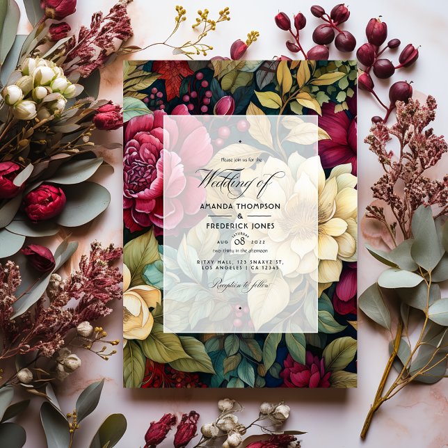 Invitación Boda de flores de oro, verde oliva y borgoña (Subido por el creador)