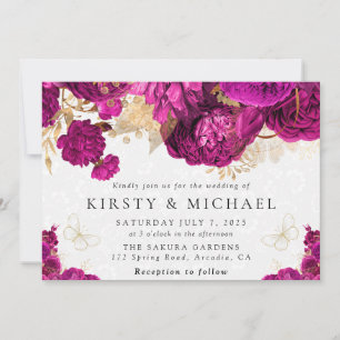 Invitación Boda de flores de oro y rosa caliente en acuarela