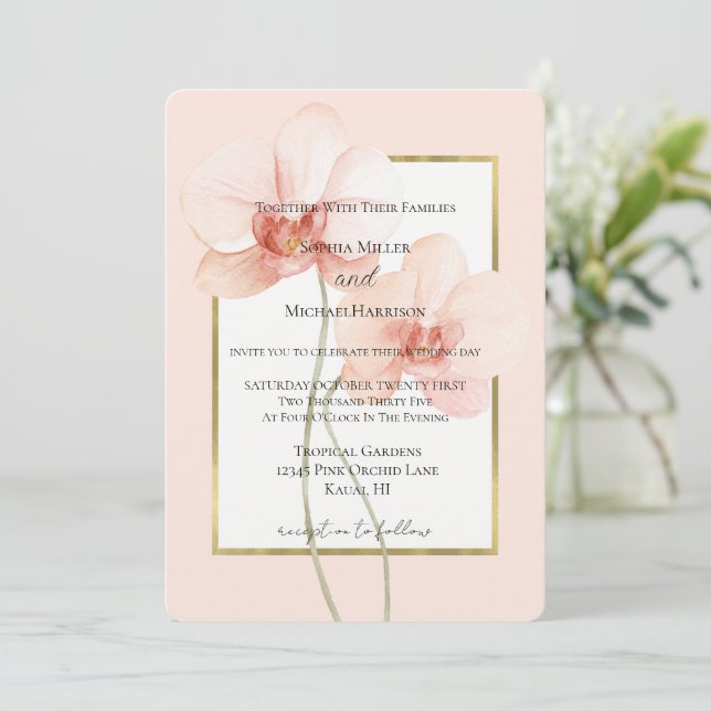Invitación Boda de flores de orquídea rosa tropical dorada (Anverso de pie)