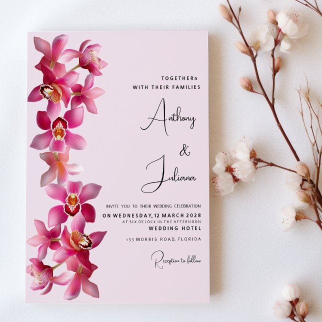 Invitación Boda de flores de orquídeas borgoñas rosadas botán (Botanic pink burgundy orchids flowers Wedding)