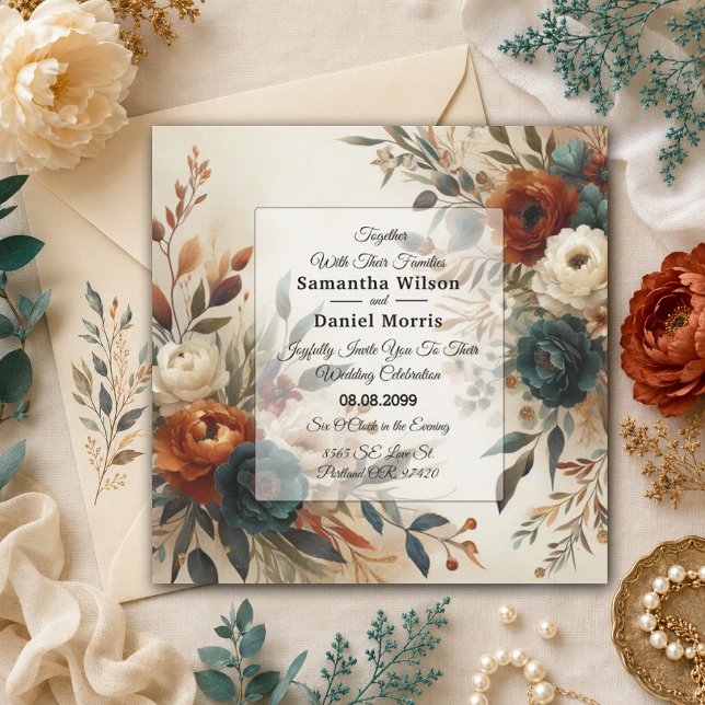 Invitación Boda de flores de otoño en naranja quemada y azul (Subido por el creador)
