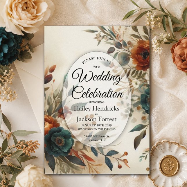 Invitación Boda de flores de otoño naranja quemada y azul (Subido por el creador)