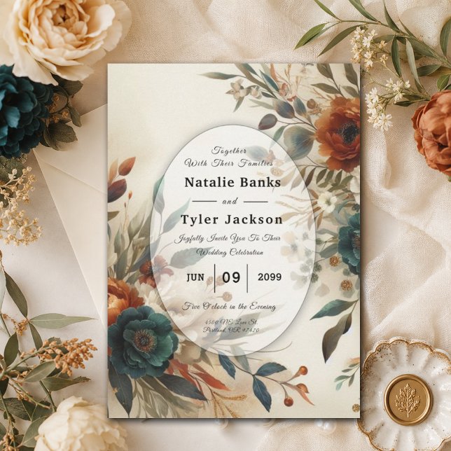 Invitación Boda de flores de otoño naranja quemada y azul (Subido por el creador)