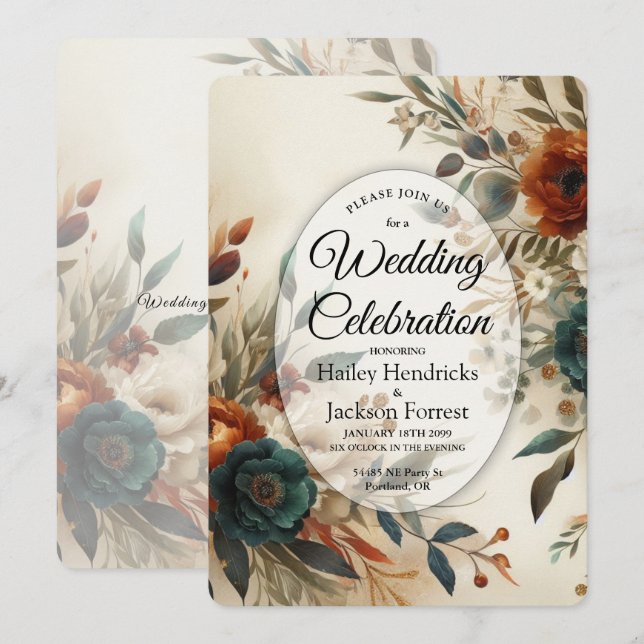 Invitación Boda de flores de otoño naranja quemada y azul (Anverso / Reverso)