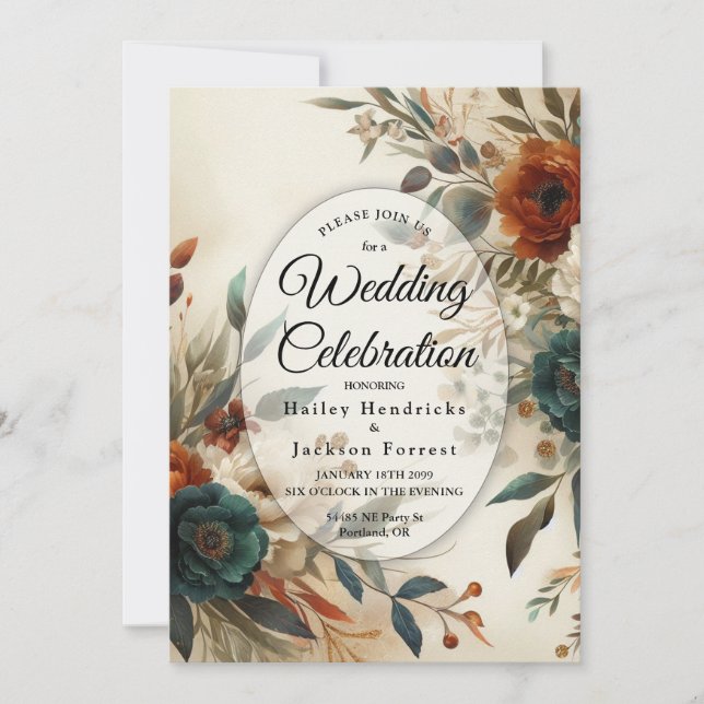 Invitación Boda de flores de otoño naranja quemado y azul (Anverso)