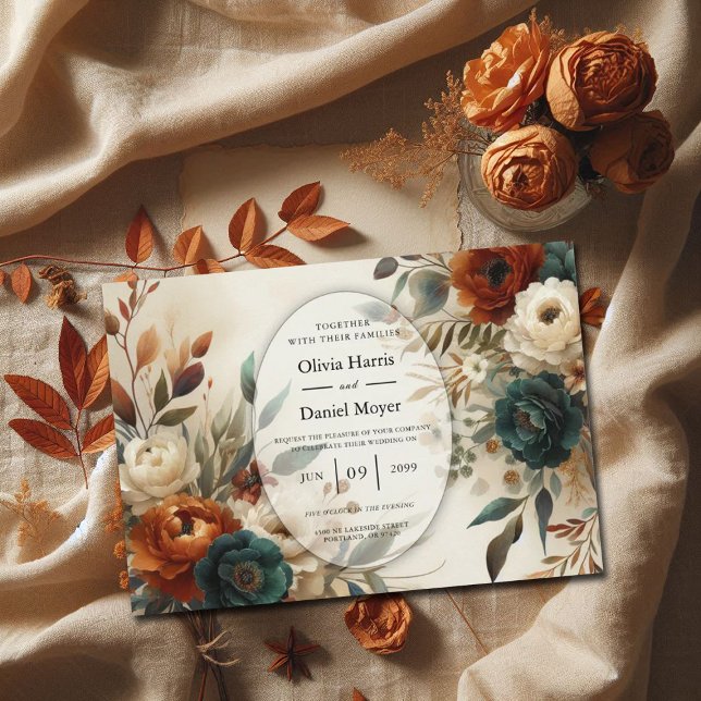 Invitación Boda de flores de otoño naranja quemado y azul (Subido por el creador)