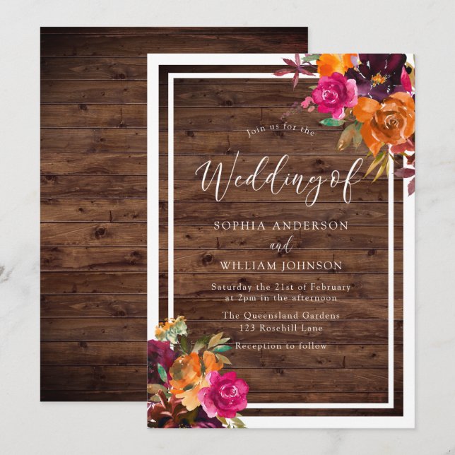 Invitación Boda de Flores de Otoño Tropicales de Madera Rústi (Anverso / Reverso)