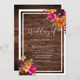 Invitación Boda de Flores de Otoño Tropicales de Madera Rústi