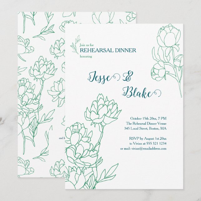 Invitación Boda de flores de peones de mano verde (Anverso / Reverso)